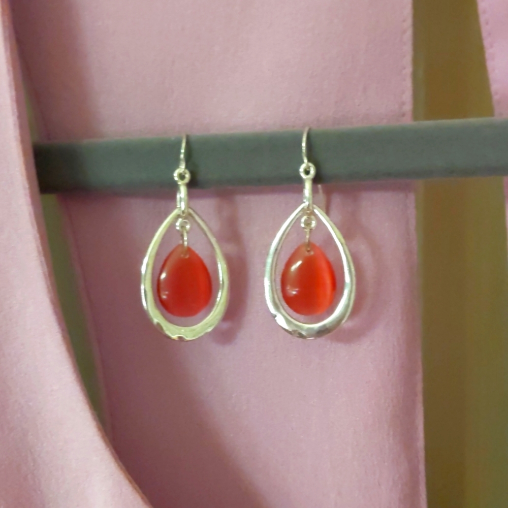 Silver with Fuschia Stone Drop Earrings